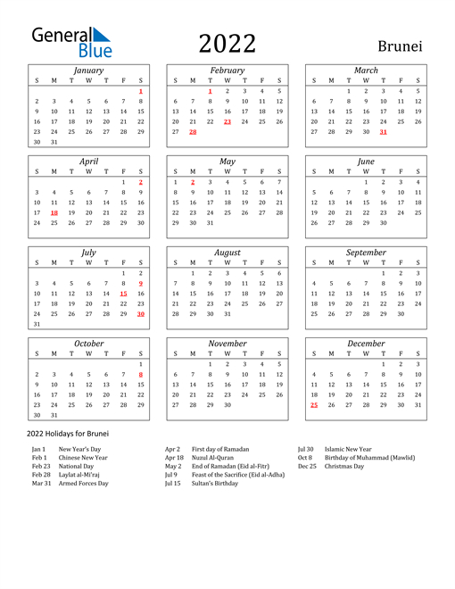2022 Brunei Calendar With Holidays  Calendar 2022 Download Word