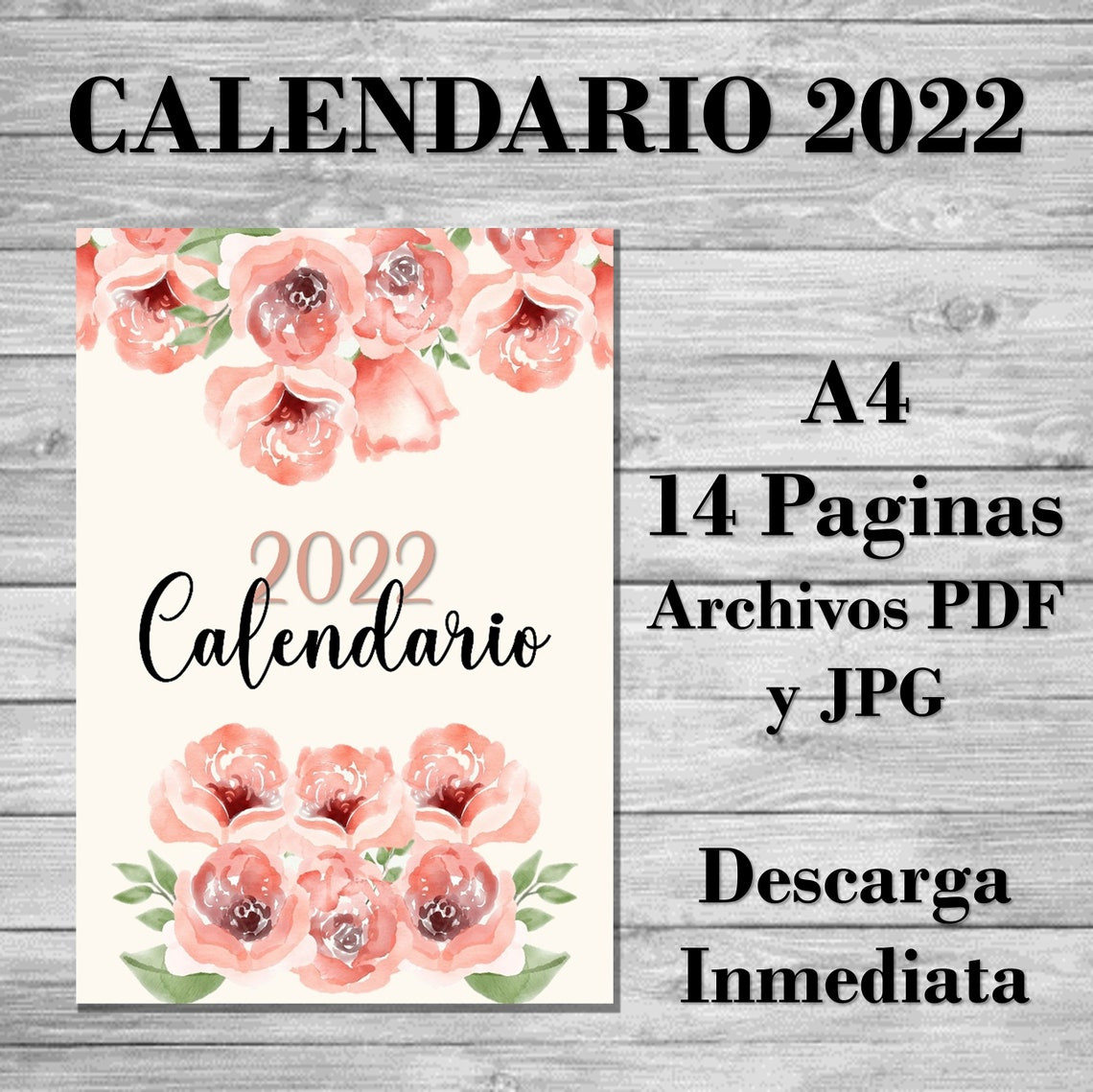 2022 Calendar 2022 Watercolor Pink Roses Calendara4 Size  2022 Calendar Printable Pink