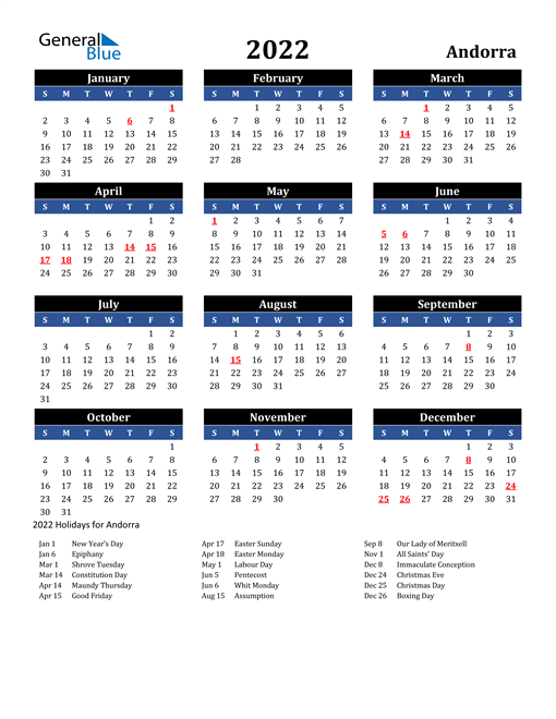2022 Calendar - Andorra With Holidays  2022 Calendar Printable Holidays