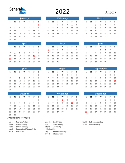 2022 Calendar - Angola With Holidays  Free Printable 2022 Calendar With Holidays South Africa