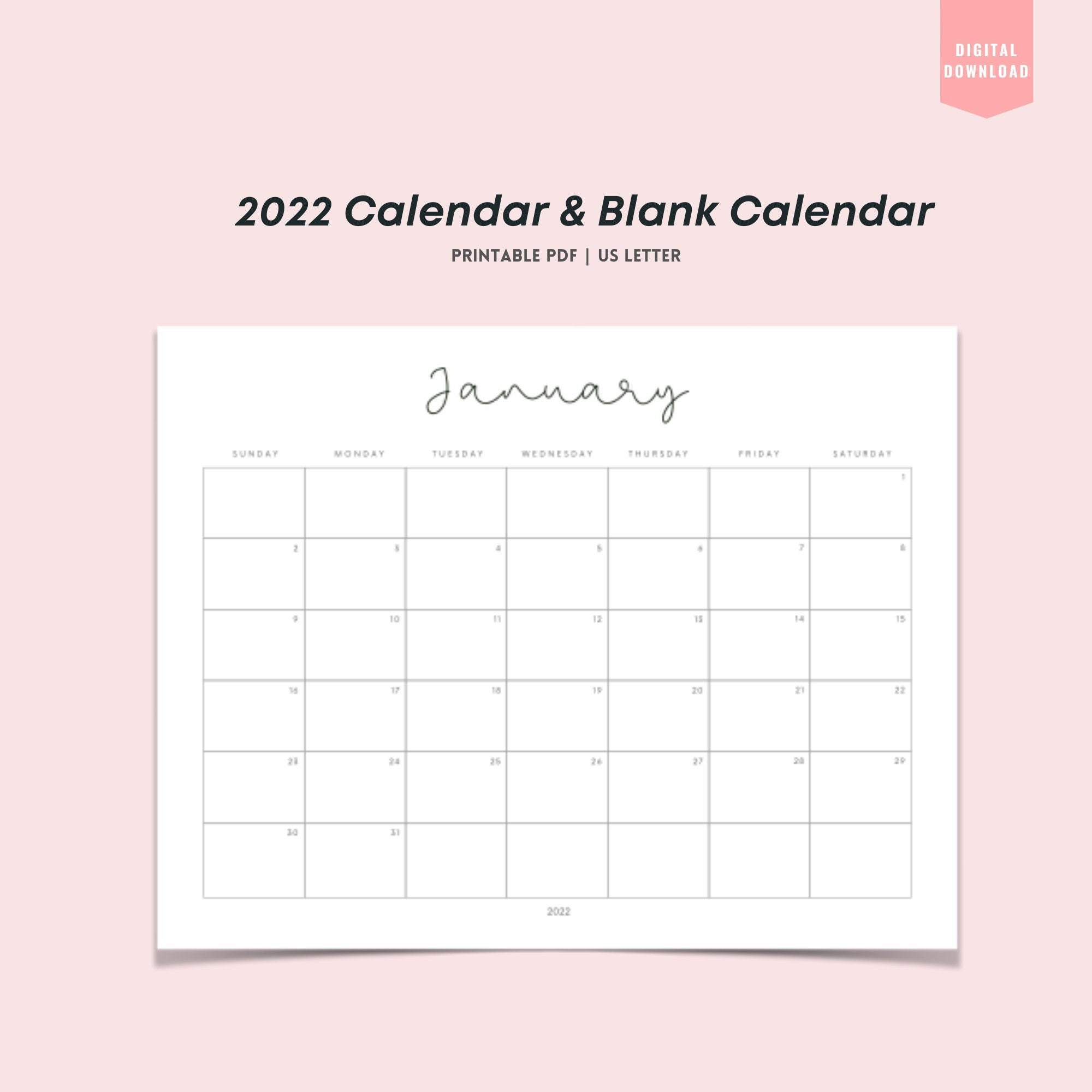 2022 Calendar &amp; Blank Monthly Calendar Printable  2022 Calendar Printable Minimalist