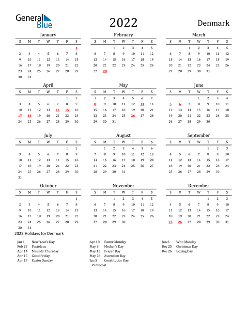 2022 Calendar - Denmark With Holidays  2022 Calendar Printable Holidays