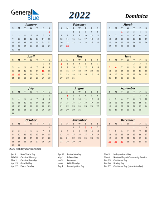 2022 Calendar - Dominica With Holidays  2022 Calendar Printable Holidays