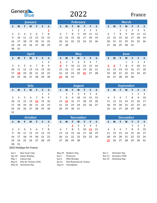 2022 Calendar - France With Holidays  2022 Calendar With Holidays Printable Excel