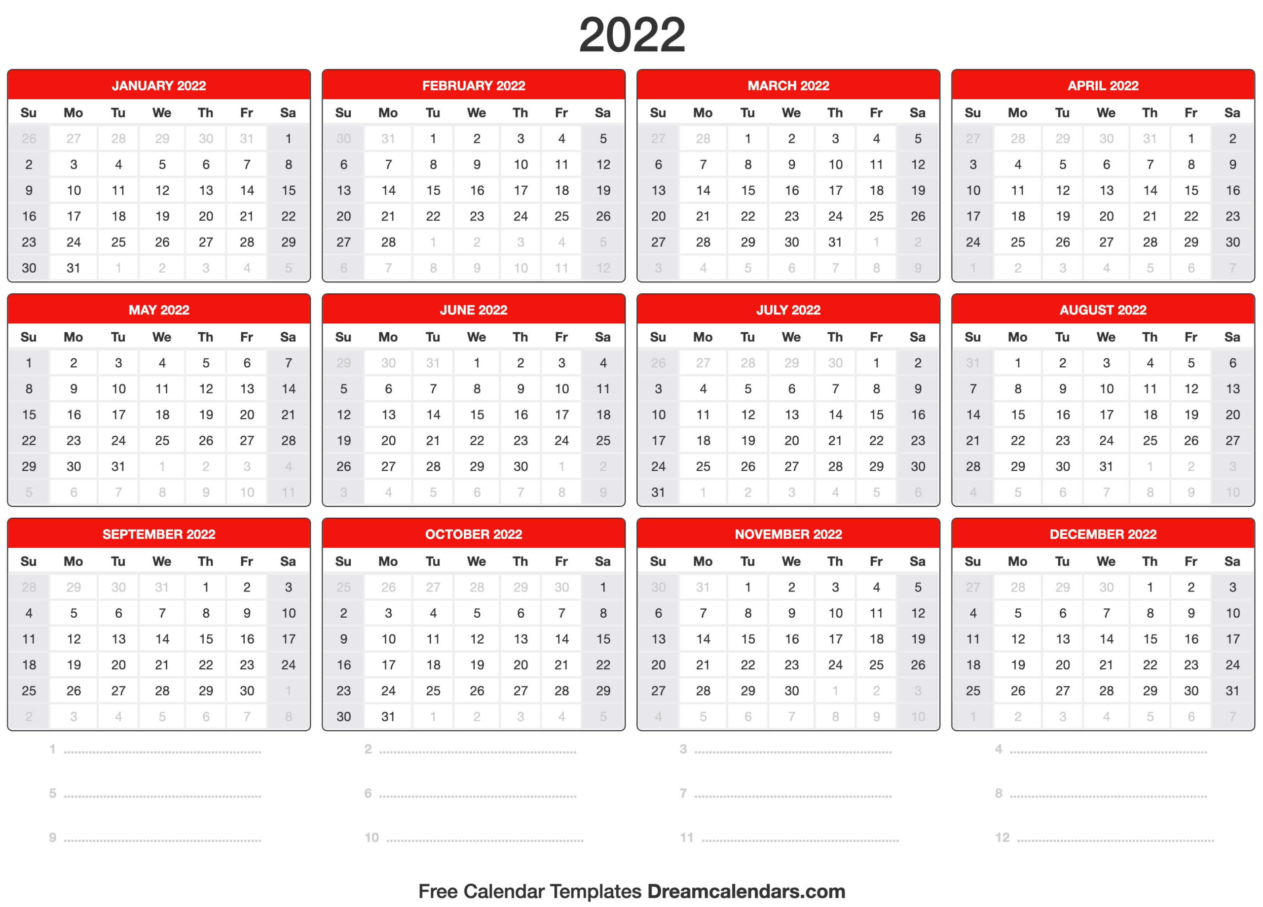 2022 Calendar  Free Printable 2022 Yearly Calendar Templates