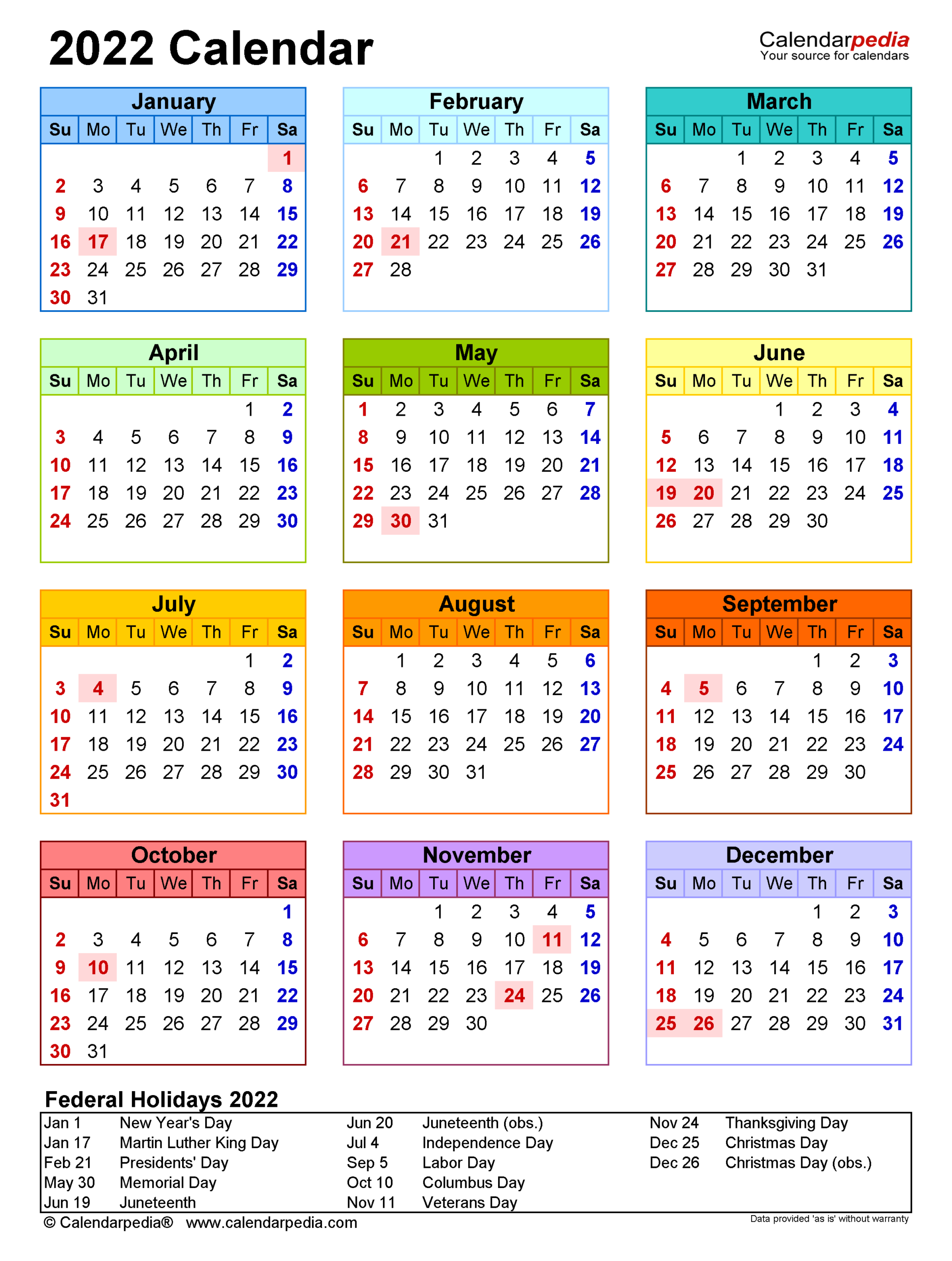 2022 Calendar - Free Printable Word Templates - Calendarpedia  Free Printable Calendar 2022 In Word