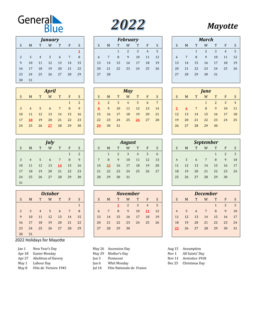 2022 Calendar - Mayotte With Holidays  Free Printable Calendar 2022 Editable