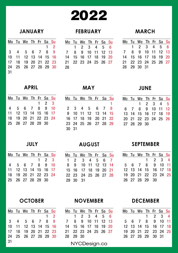 2022 Calendar Printable - A4 Paper Size, Green - Monday  2022 Calendar Printable Start Monday