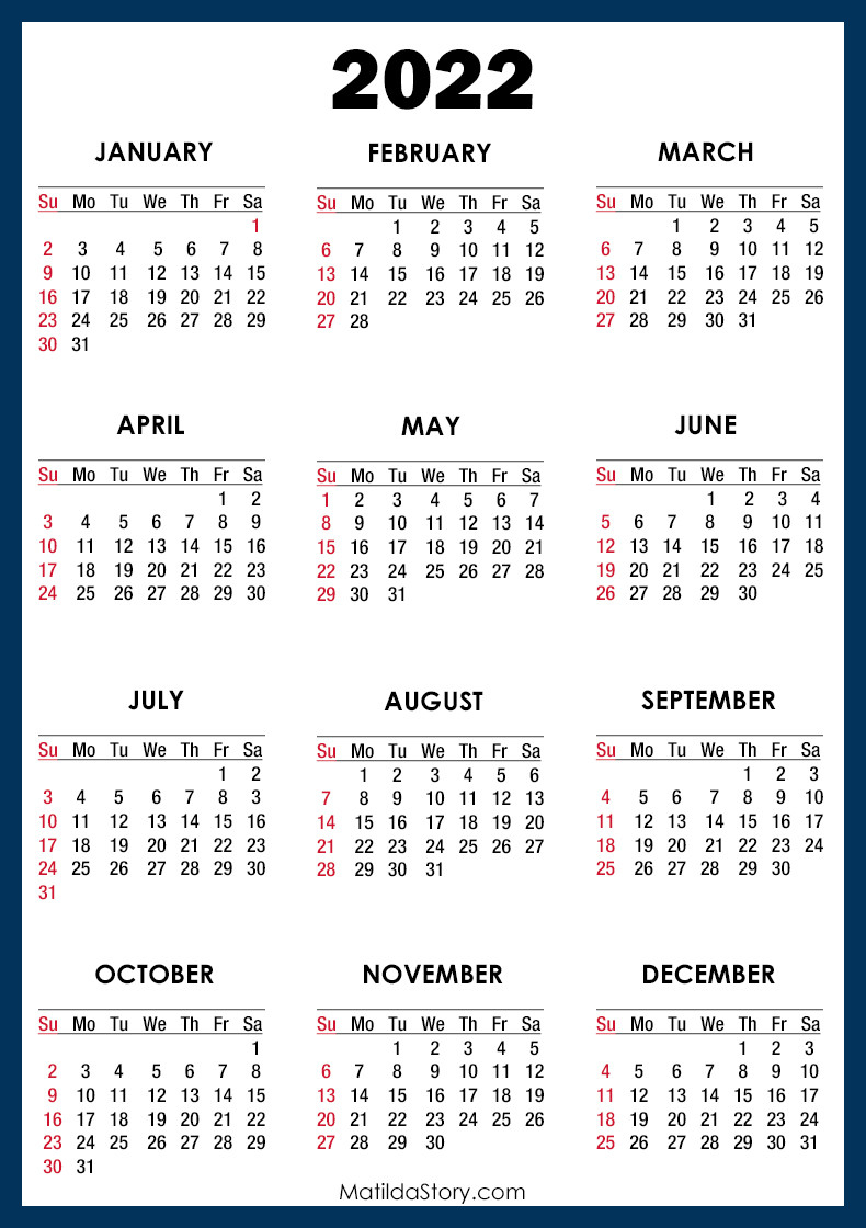 2022 Calendar Printable Free, Blue - Sunday Start  2022 Calendar Printable Monday To Sunday