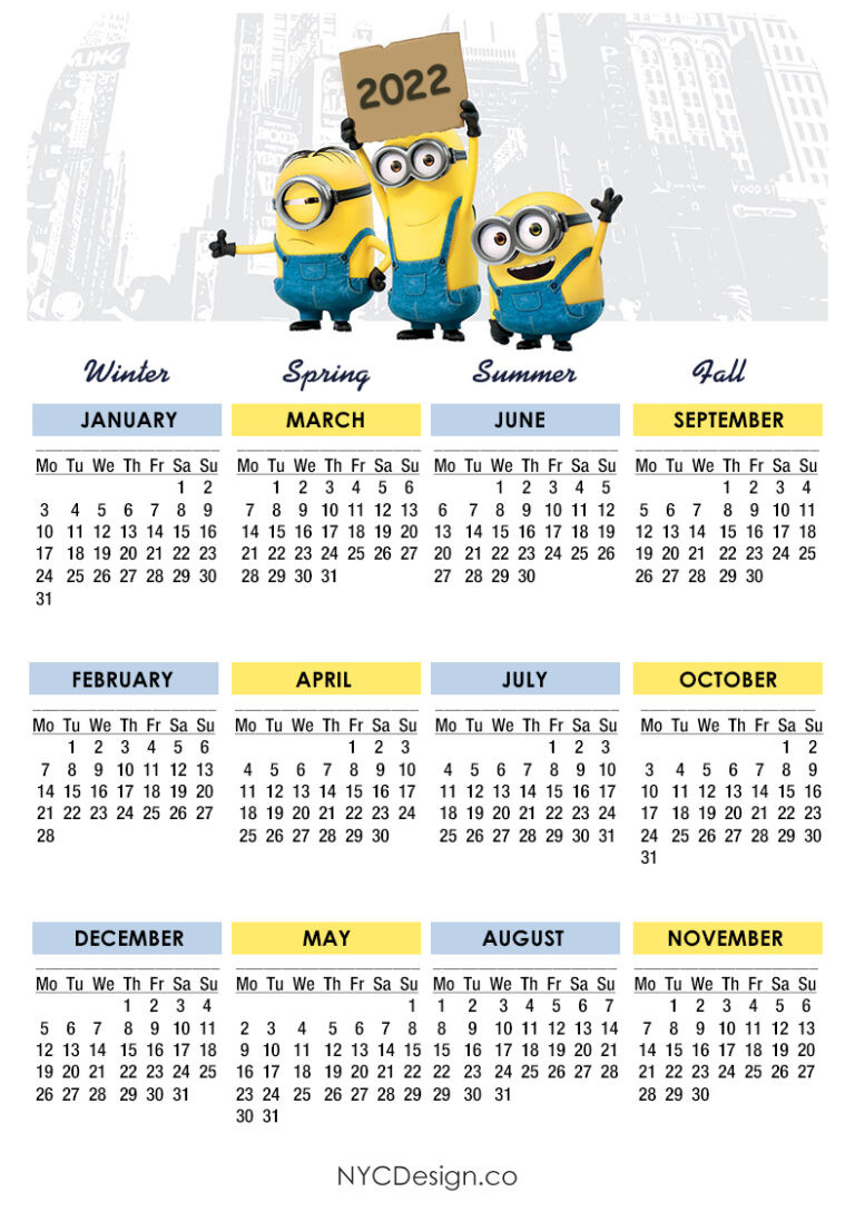 2022 Calendar Printable Free, Minions Calendar - Monday  2022 Calendar Printable Monday Start