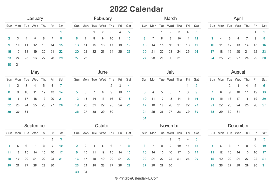 2022 Calendar Printable (Landscape Layout)  2022 Yearly Free Printable 2022 Calendar On One Page