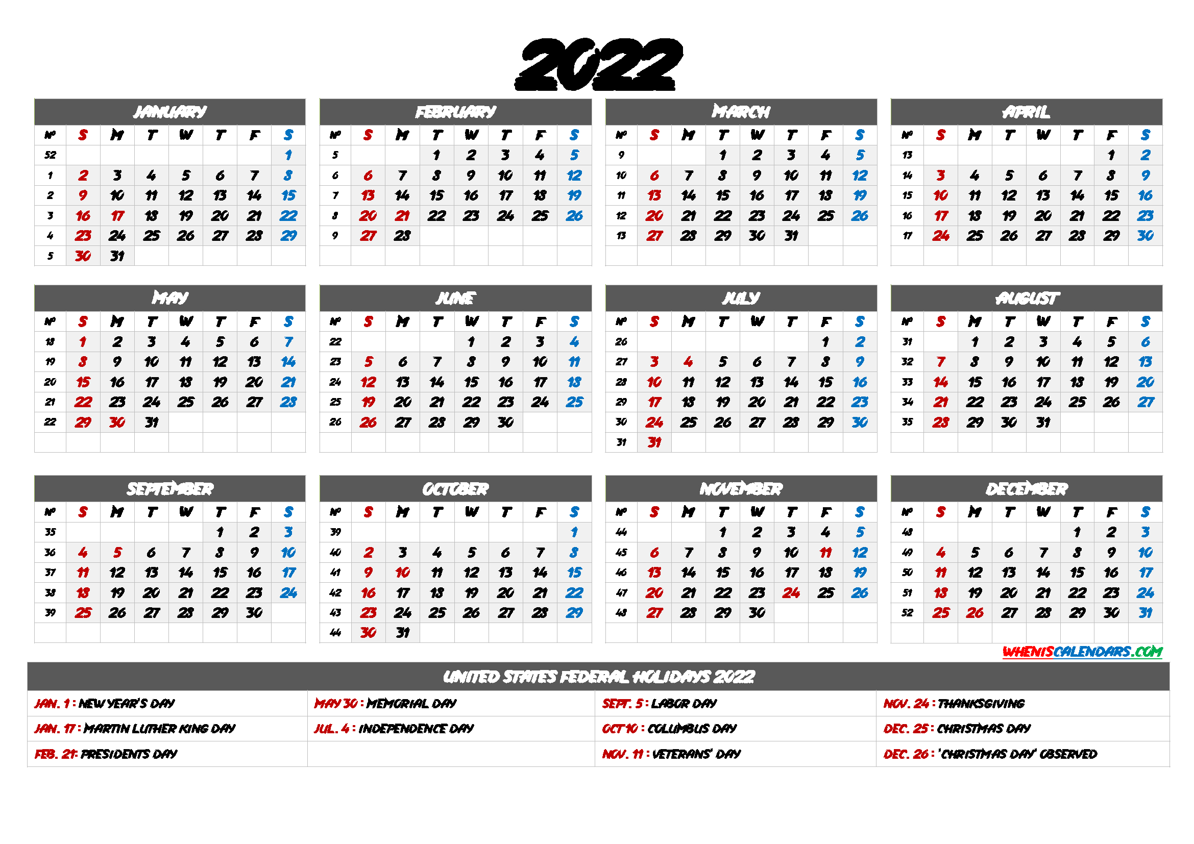 2022 Calendar Printable One Page / 2022 Calendar - Free  2022 Calendar Printable Calendarpedia