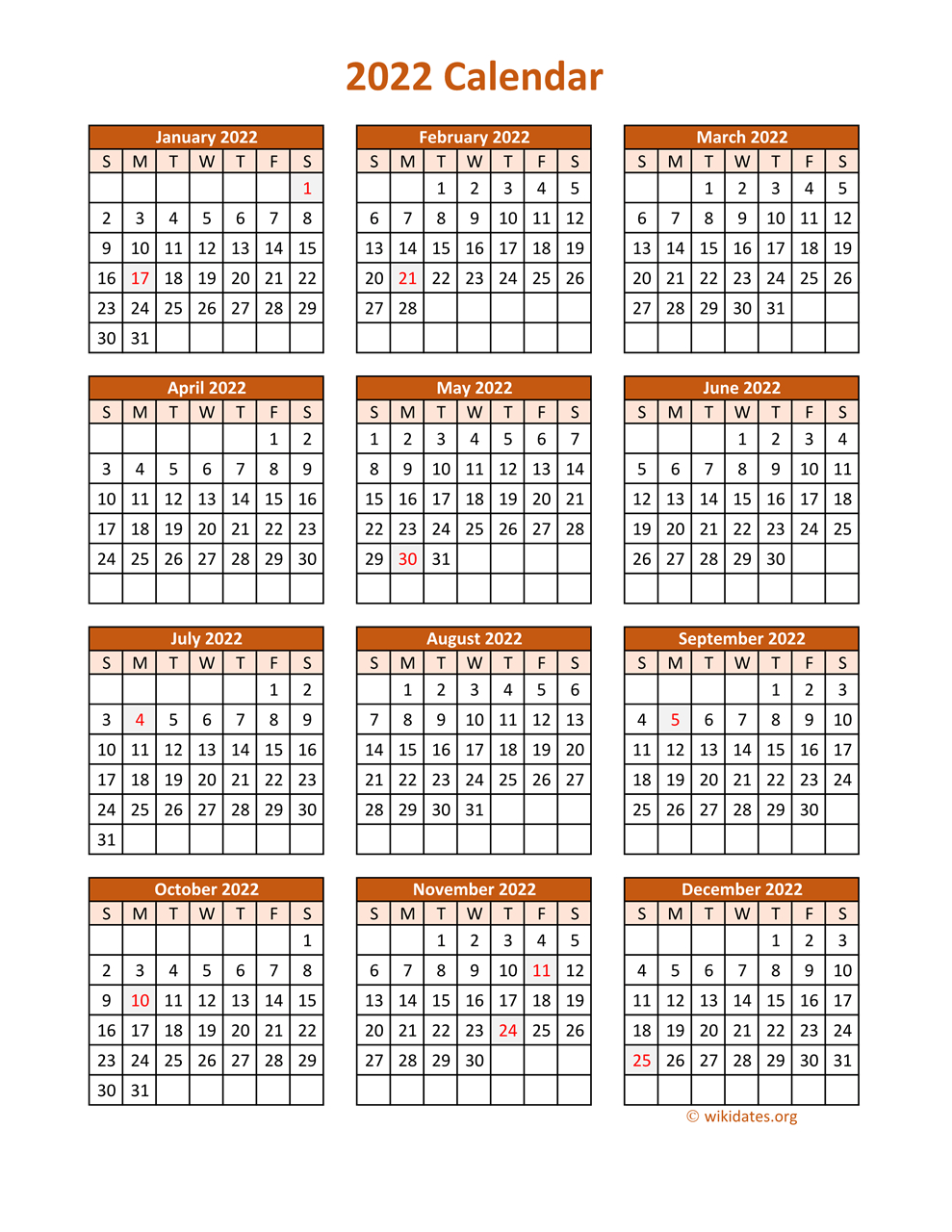2022 Calendar Printable One Page - 2022 Holiday Calendar  2022 Calendar Printable Word Document
