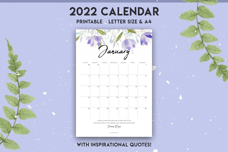 2022 Calendar Printable With Inspirational Quotes Pretty  Printable Calendar 2022 With Quotes