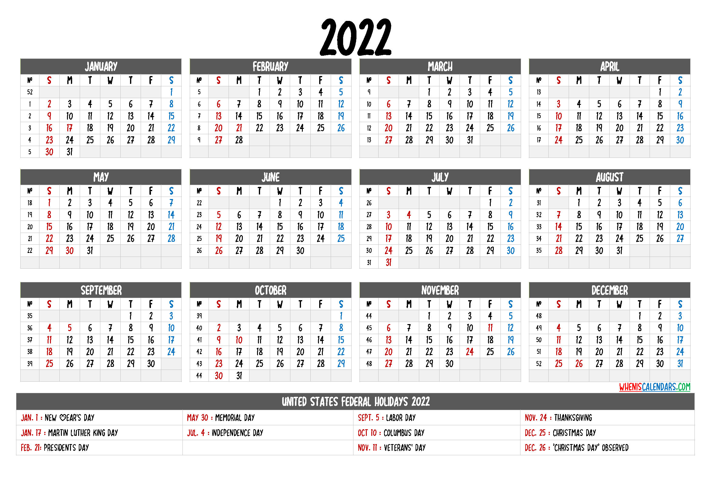 2022 Calendar Printable Yearly | Free Resume Templates  Julian Calendar 2022 Usa