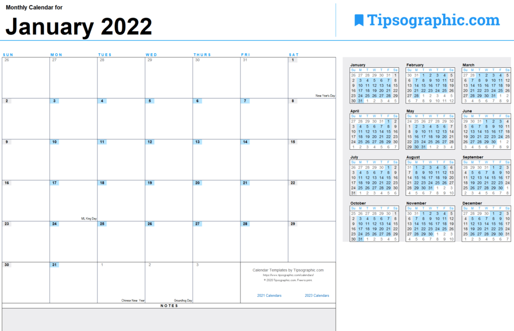 2022 Calendar Templates &amp; Images | Tipsographic  Free Printable Calendar 2022 Quarterly