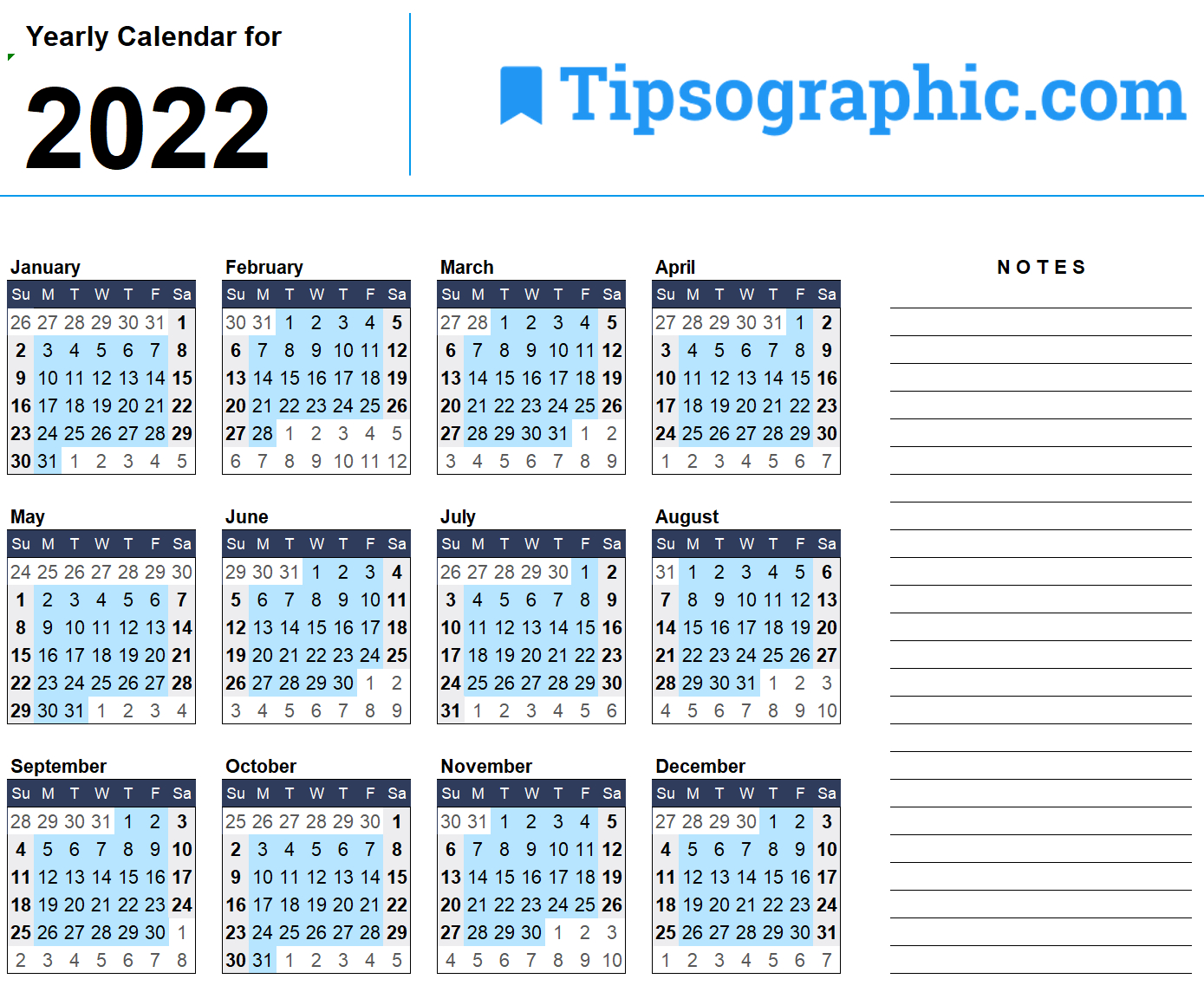 2022 Calendar Templates &amp; Images | Tipsographic  Whole Year Printable Calendar 2022