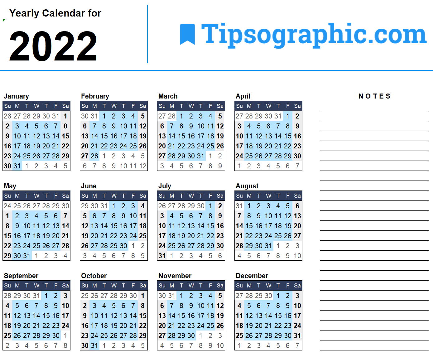 Whole Year Printable Calendar 2022 Template Calendar Design 7749