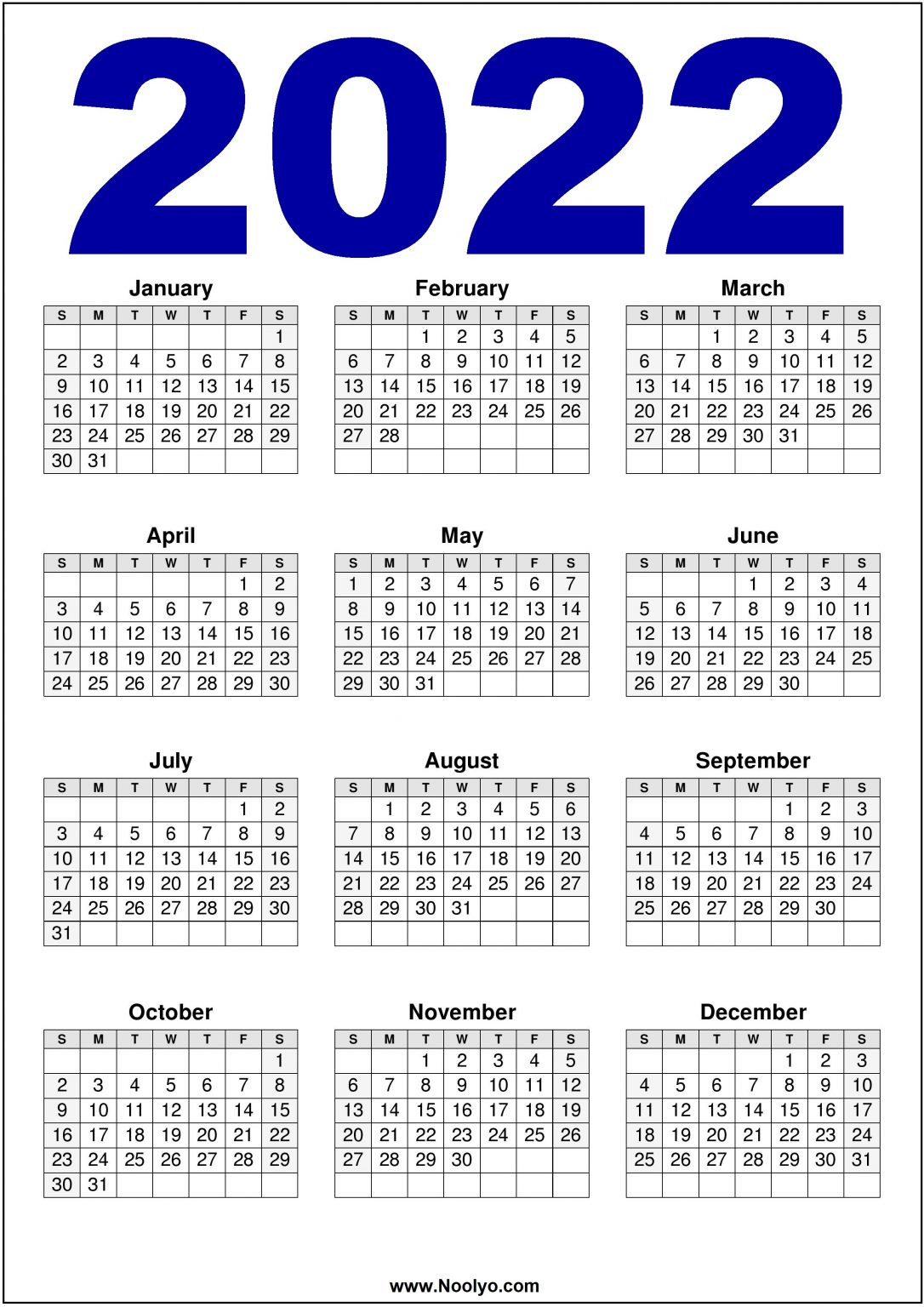 2022 Calendar Us Printable - Download Free - Noolyo  Free Printable Calendar 2022.Com