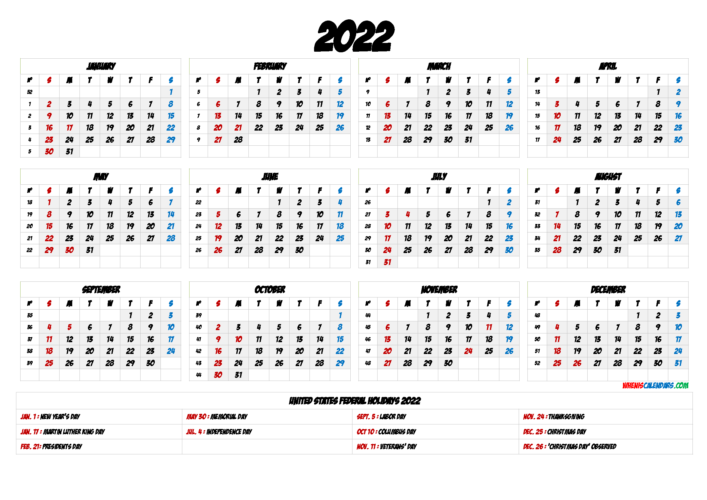 2022 Calendar With Holidays Printable - 9 Templates  Calendar For 2022 With Holiday