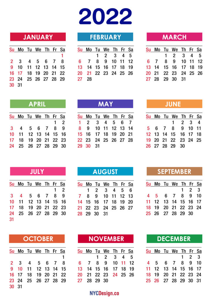 2022 Calendar With Holidays, Printable Free, Pdf, Colorful  2022 Calendar Printable Monday Start