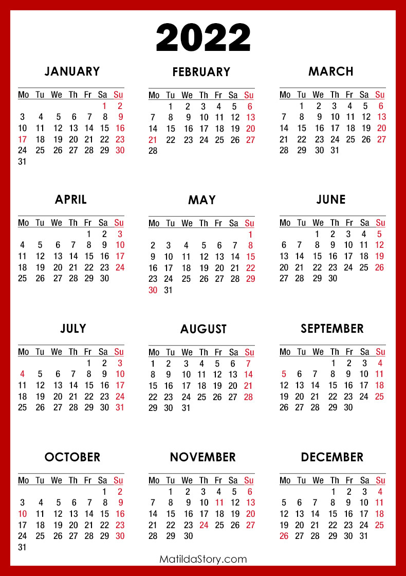 2022 Calendar With Holidays, Printable Free, Red - Monday  Printable Calendar 2022 Large
