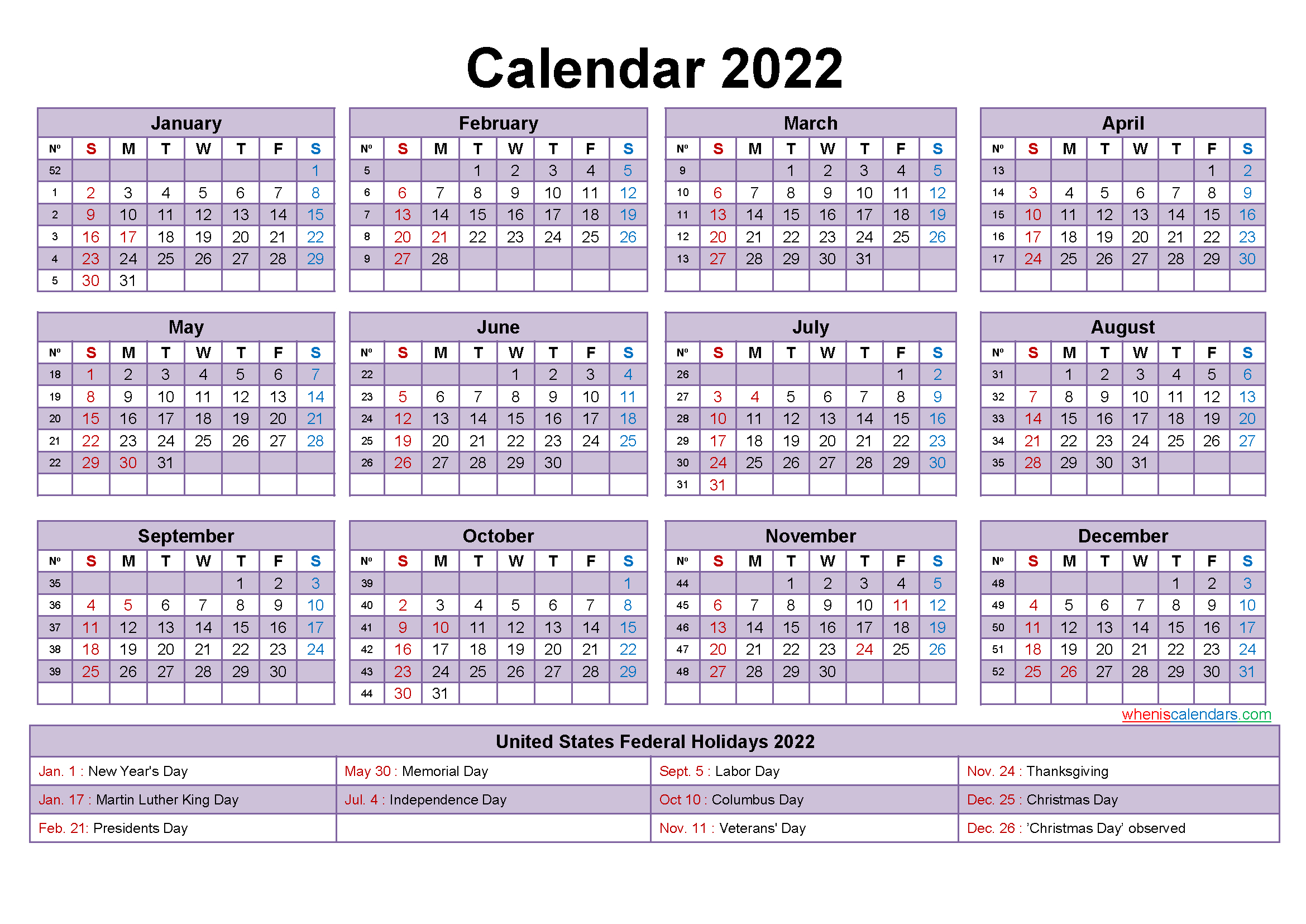 2022 Calendar With Holidays Template Word, Pdf  Calendar 2022 Online Free