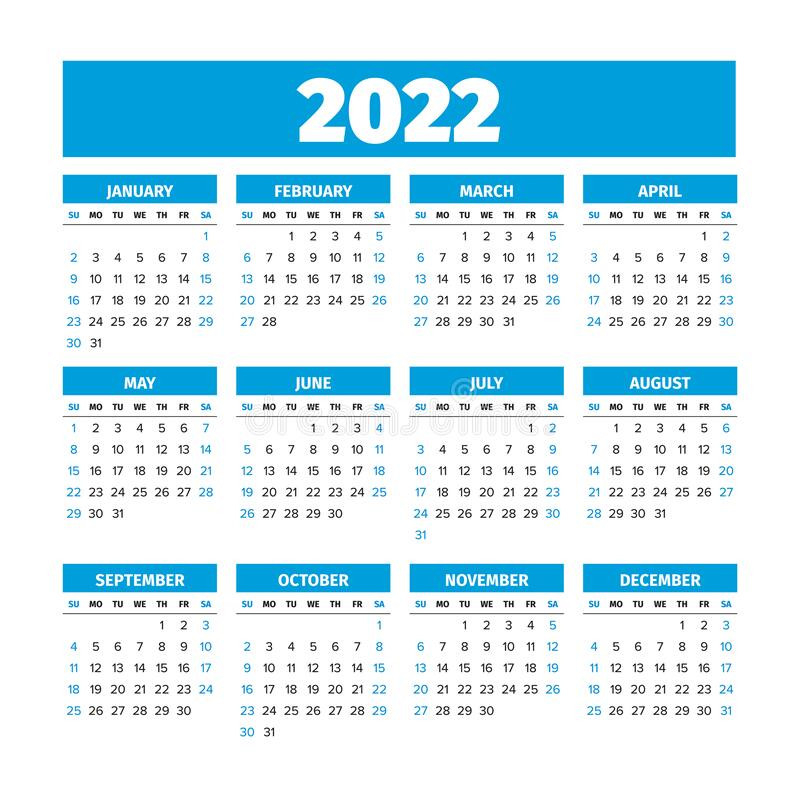 2022 Calendar With The Weeks Start On Sunday Stock Vector  Week Calendar For 2022