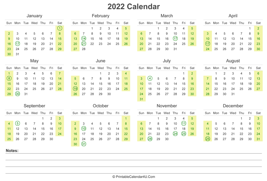 2022 Calendar With Us Holidays And Notes (Landscape Layout)  Calendar 2022 Zambia Download