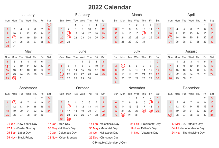2022 Calendar With Us Holidays At Bottom (Landscape Layout)  2022 Printable Calendar One Page With Holidays Us