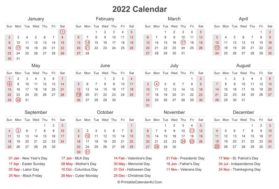 2022 Calendar With Us Holidays At Bottom (Landscape Layout)  Calendar 2022 Government Holidays