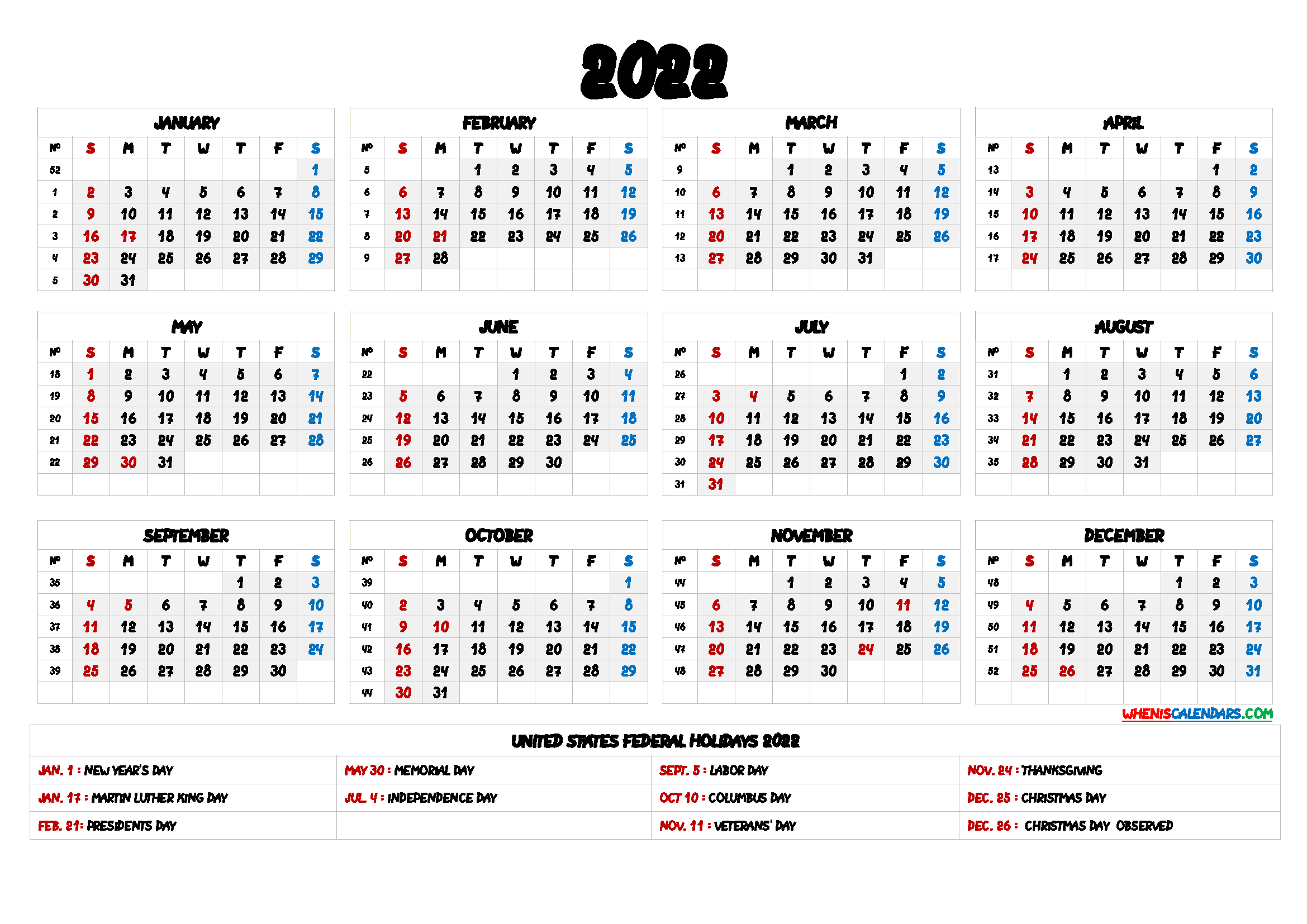 2022 Calendar With Week Numbers - 6 Templates  Week Calendar For 2022