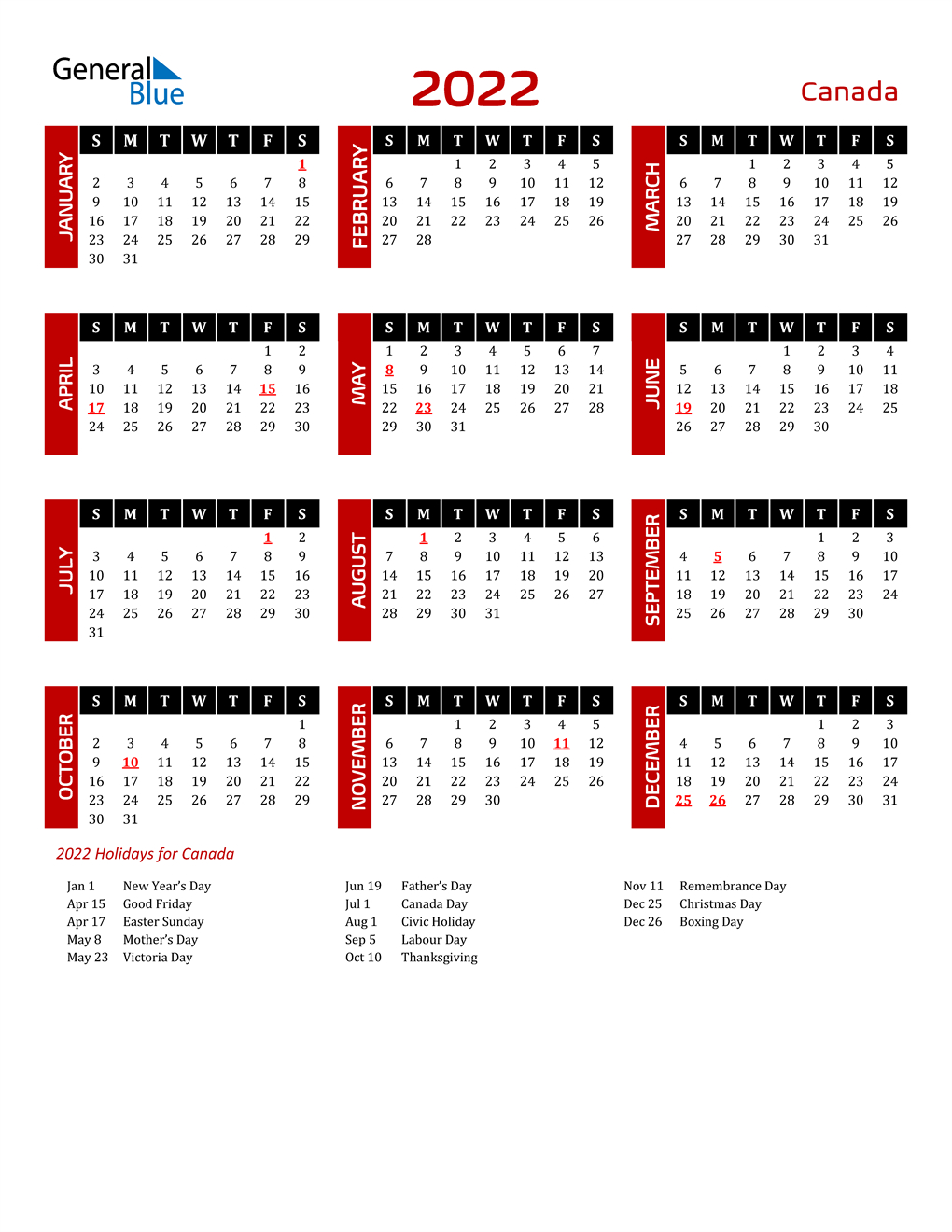 2022 Canada Calendar With Holidays  2022 Calendar With Holidays Printable Excel