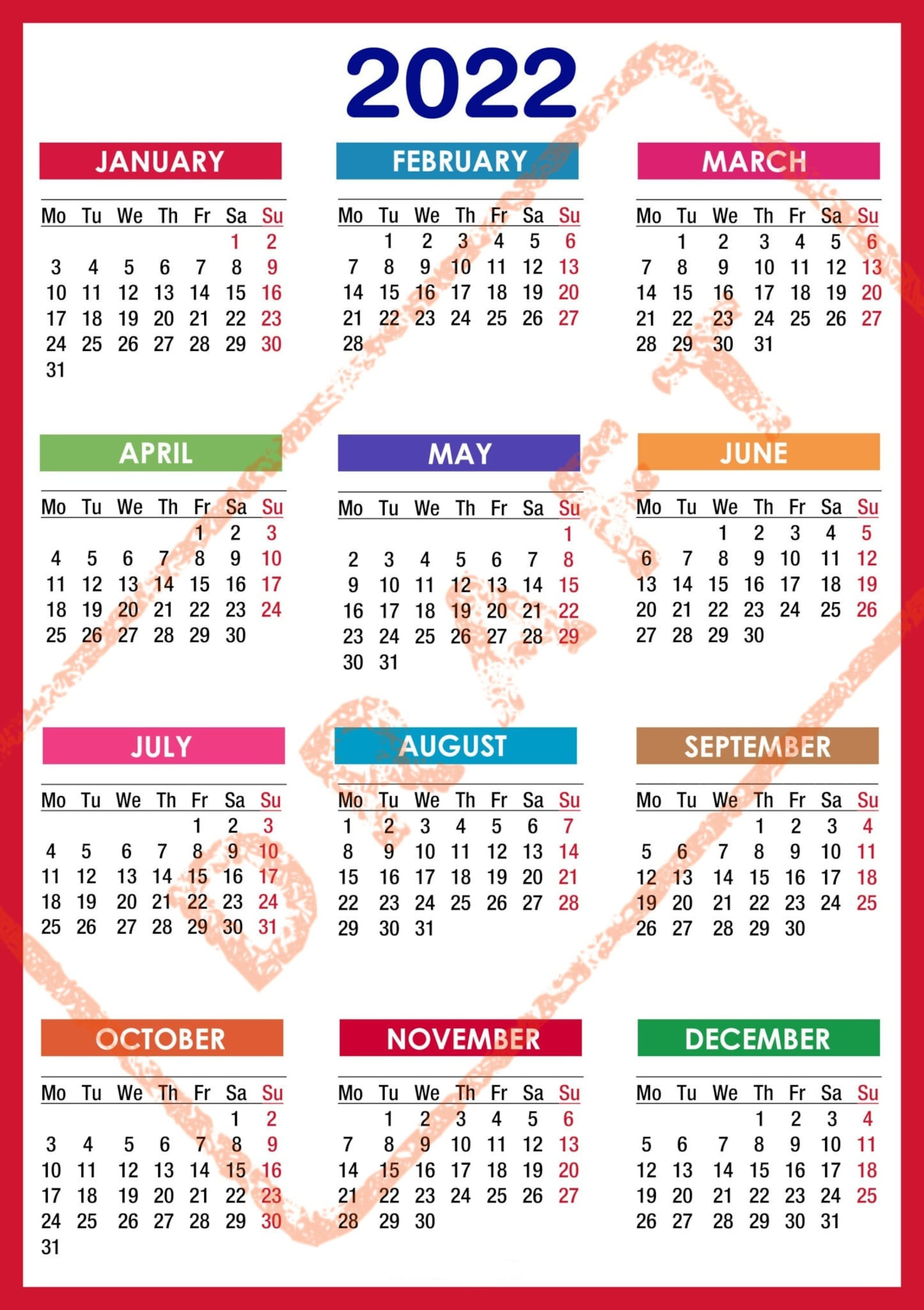 2022 Colorful Calendar Printable Yearly Calendar 12-Months  Whole Year Printable Calendar 2022