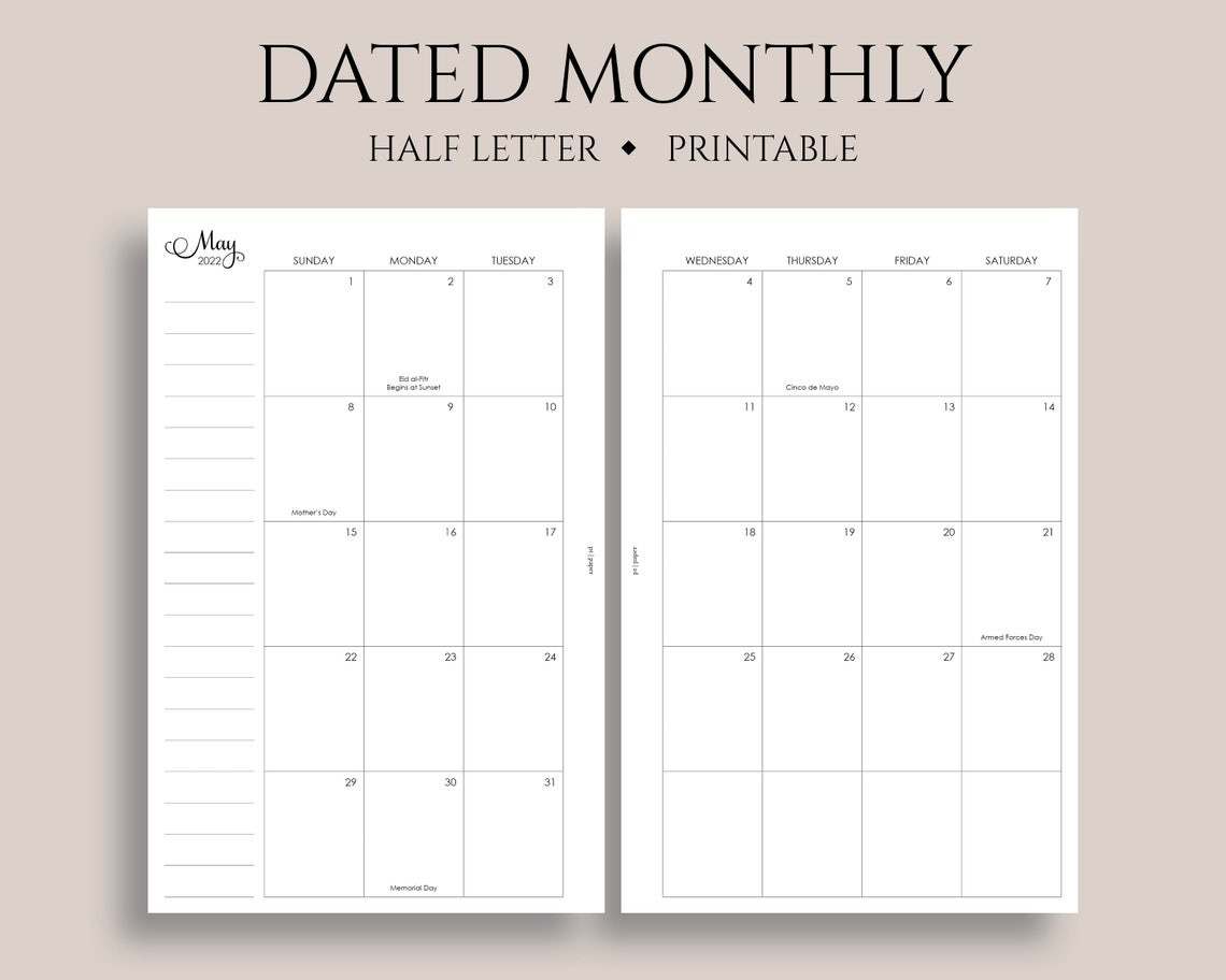 2022 Dated Monthly Calendar Printable Planner Inserts  Printable Calendar 2022 Half Page
