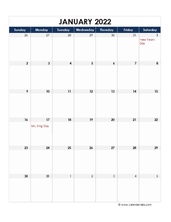 2022 Excel Monthly Calendar Template - Free Printable  Free Printable 2022 Monthly Calendar With Holidays Vertical