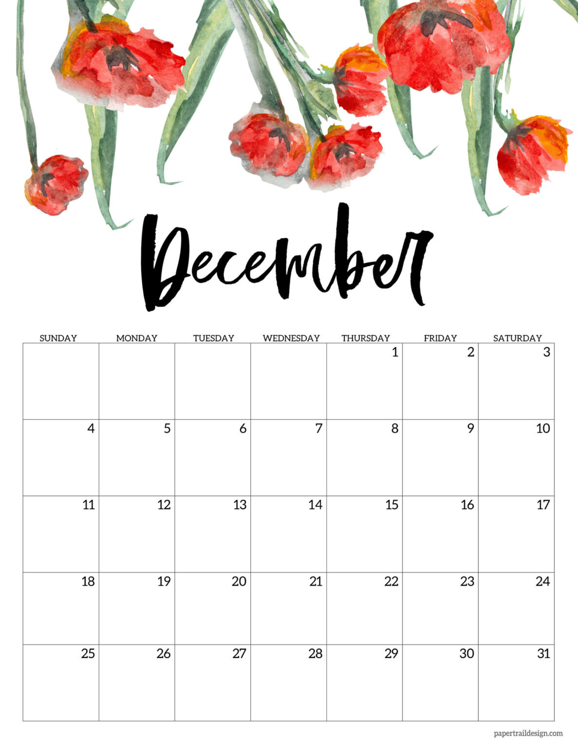 2022 Free Printable Calendar - Floral | Paper Trail Design  December 2022 Calendar Page