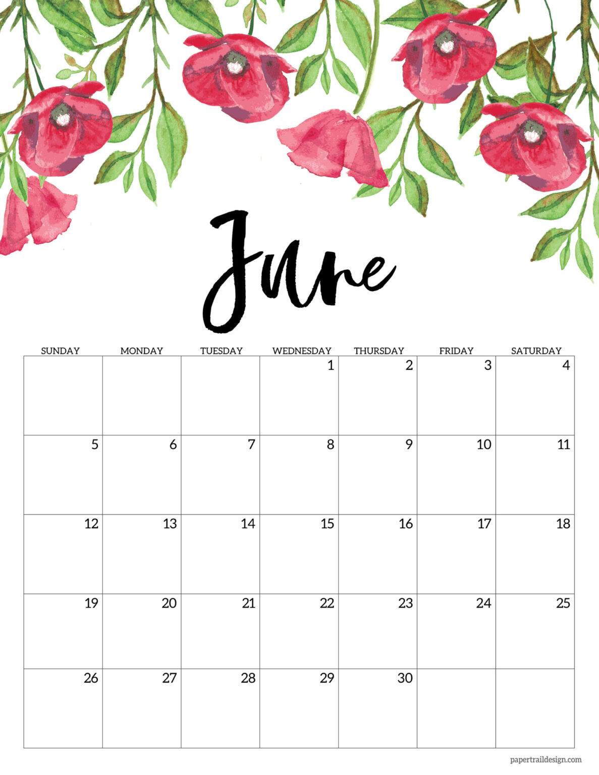 2022 Free Printable Calendar - Floral | Paper Trail Design  January To June 2022 Calendar