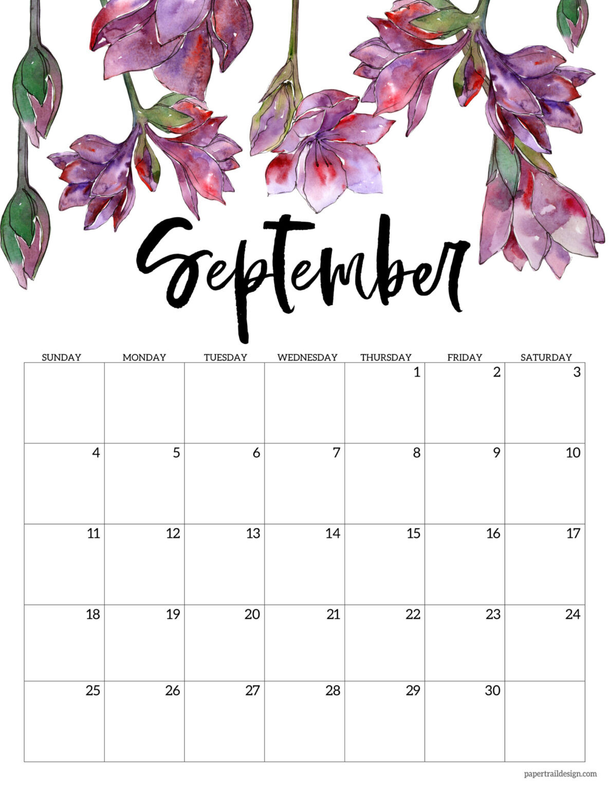2022 Free Printable Calendar - Floral | Paper Trail Design  September 2022 Printable Calendar