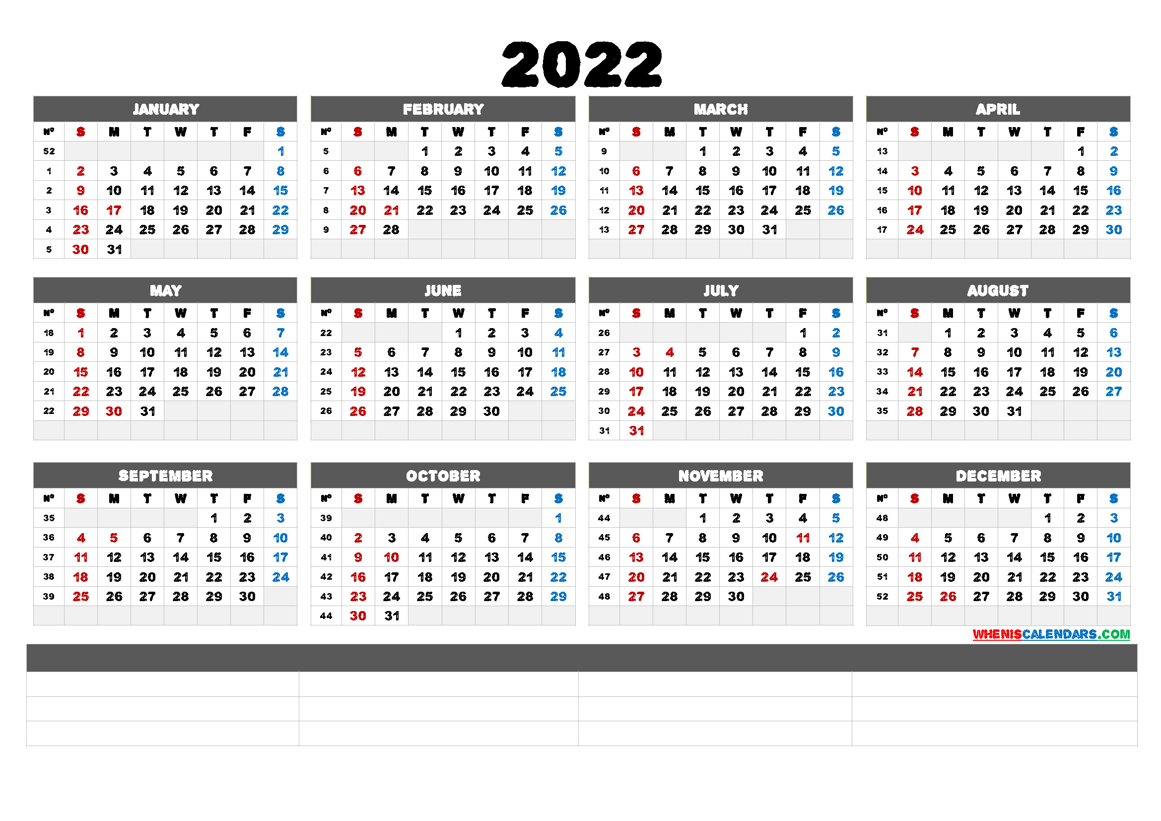 2022 Free Printable Yearly Calendar (6 Templates)  Free Calendar Template 2022 Large