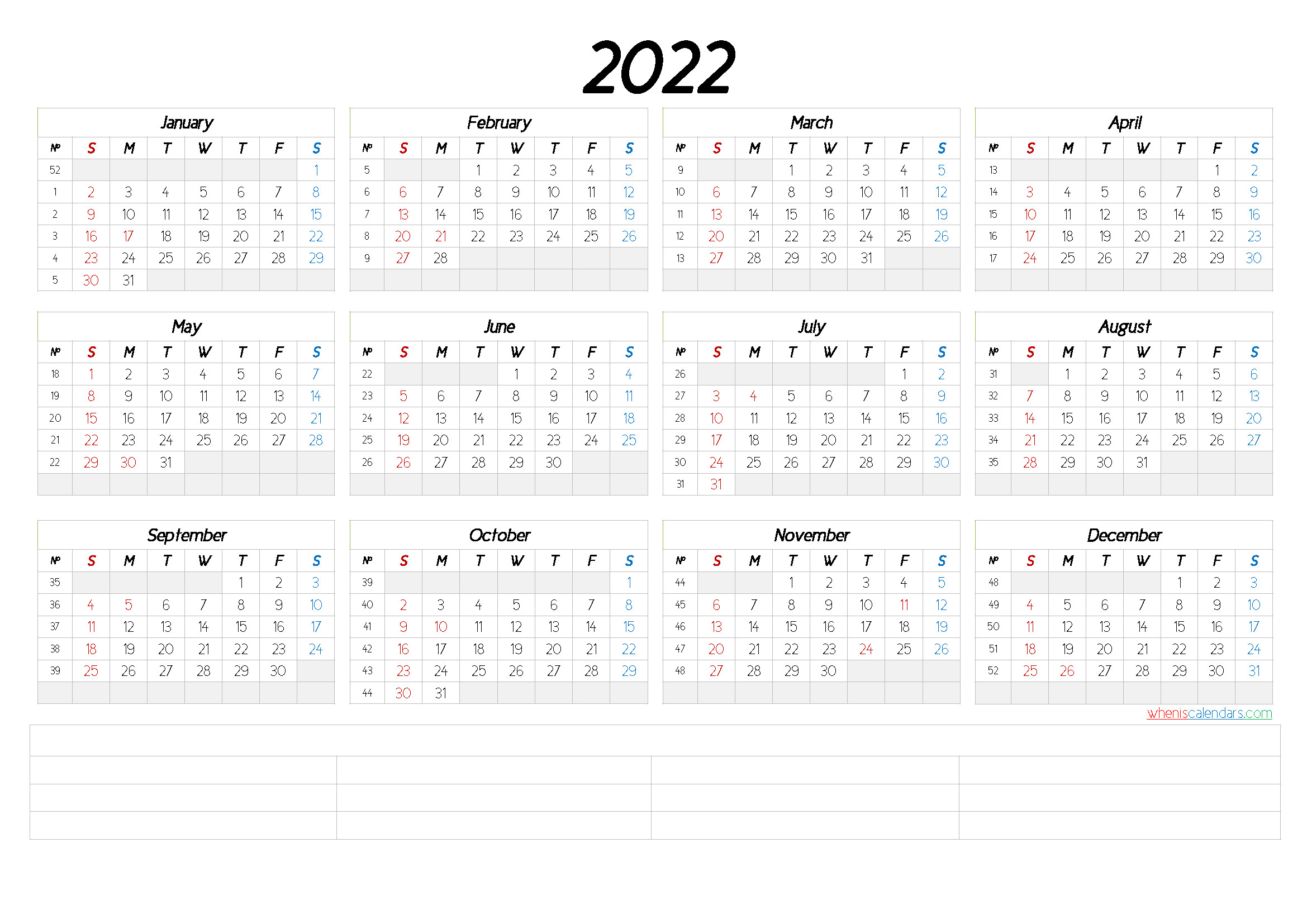 2022 Free Printable Yearly Calendar - Calendraex  Annual Calendar For 2022