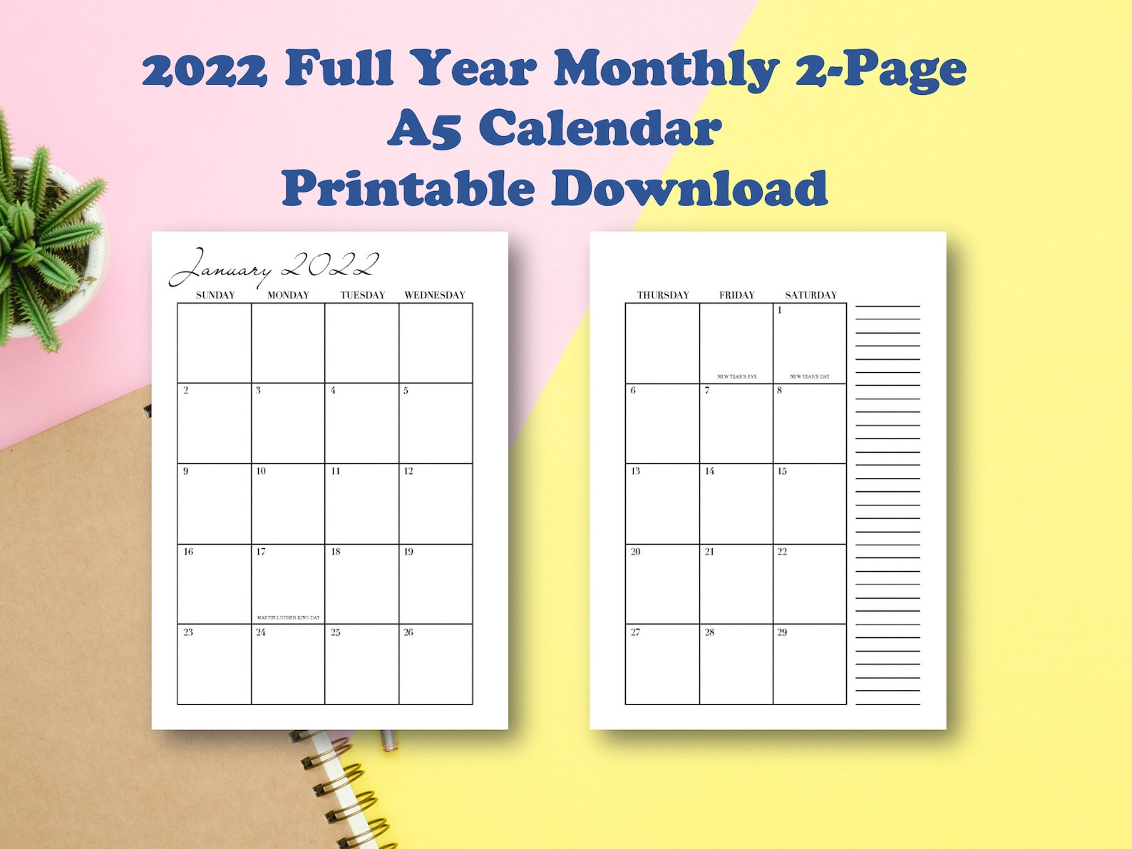 2022 Full Year Monthly 2-Page A5 Calendar Printable  2022 Calendar Printable A5