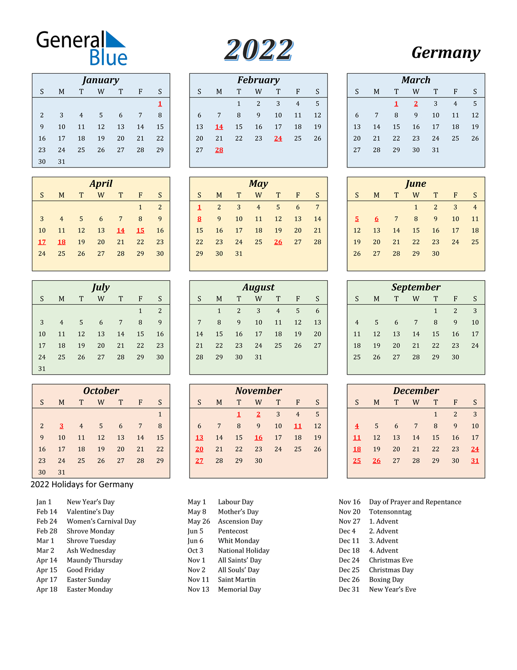 2022 Germany Calendar With Holidays  Calendar For 2022 With Week Numbers