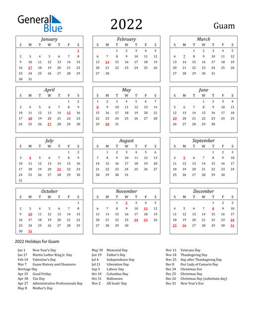 2022 Guam Calendar With Holidays  Federal Holiday Calendar For 2022