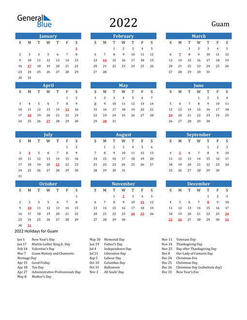 2022 Guam Calendar With Holidays  Federal Holiday Calendar For 2022