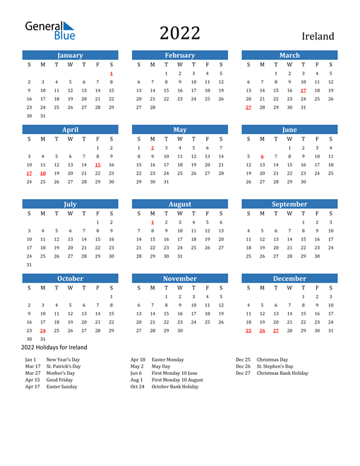 2022 Ireland Calendar With Holidays  2022 Calendar Printable Word Document
