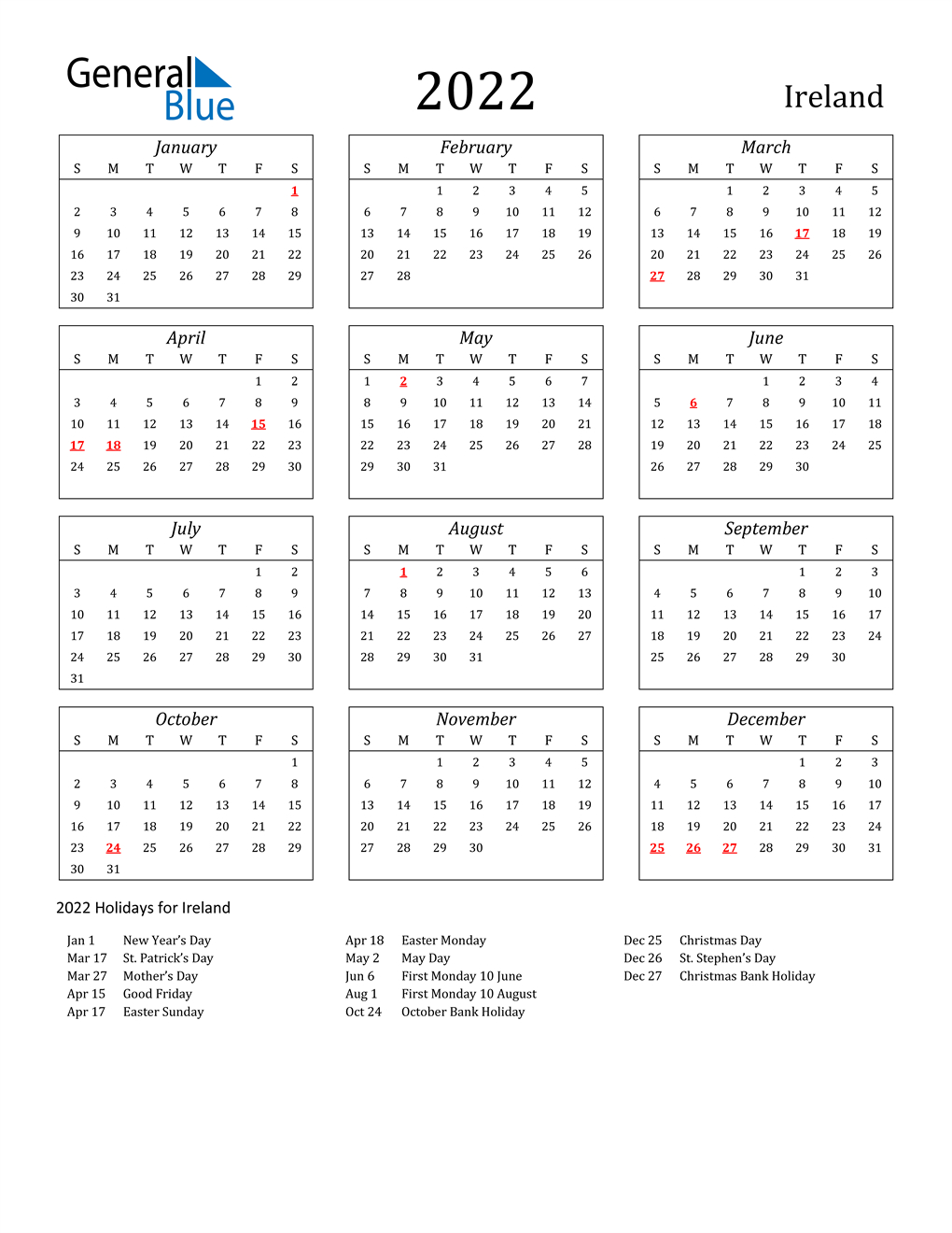 2022 Ireland Calendar With Holidays  Calendar For 2022 With Holiday