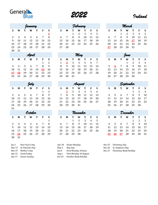 2022 Ireland Calendar With Holidays  Calendar For 2022 With Holiday