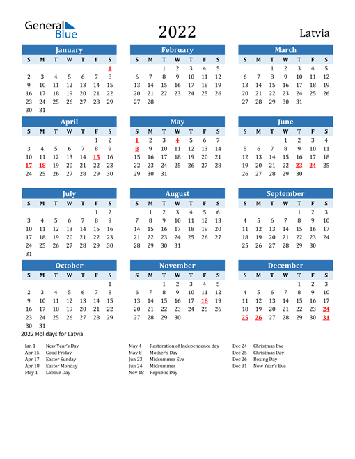 2022 Latvia Calendar With Holidays  2022 Calendar With Holidays Printable Excel