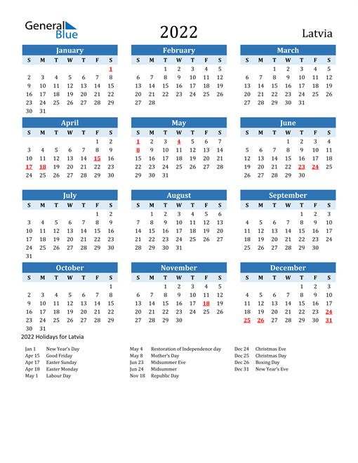 2022 Latvia Calendar With Holidays  Calendar For 2022 With Holiday